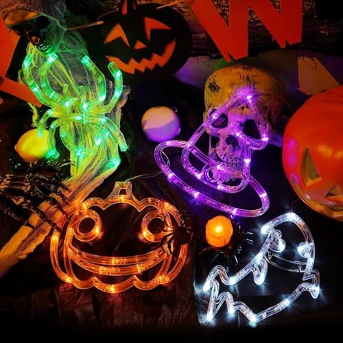 Halloween Window Lights 4 Pack - Pumpkin Ghost Spider Witch Hat Decor - Orange Purple Green