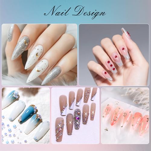 Nail Art Glitter Studs Kit with 6 Boxes, Multicolor & Design Set, 15 Sheets Gold Stickers, 3D Charms & Pickup Tools