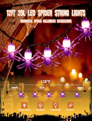 Purple Spider String Lights 12FT Outdoor Halloween Decor - 20 LED