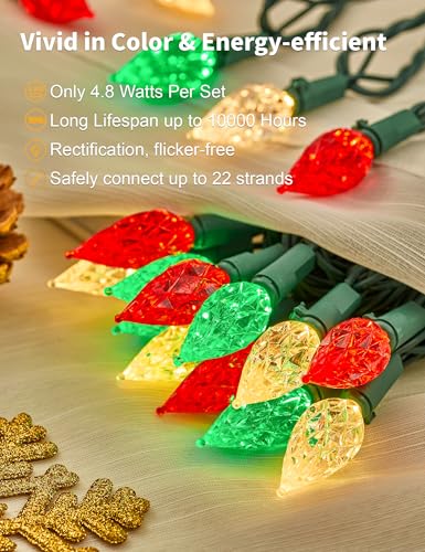 Christmas String Lights Outdoor 50ft 100 LED Faceted C6 - Red White Green