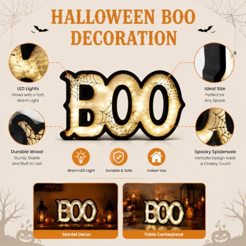 Light Up Halloween BOO Sign with Spiderweb Pattern - Wooden Indoor Decor