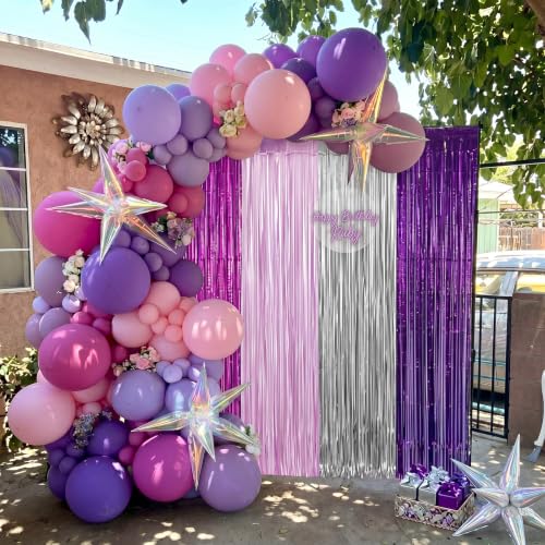 Purple and Silver Fringe Backdrop Curtains - 6.6ft Party Decor Set of 4