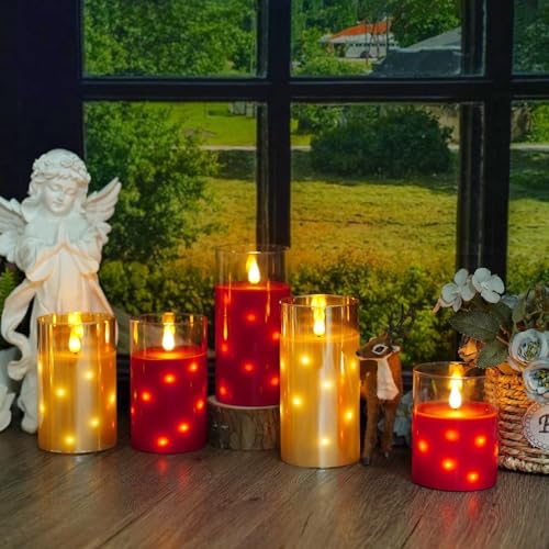Nimiko Red Flameless Candles Set of 3 Glass Wax LED Candle with Flickering Flame