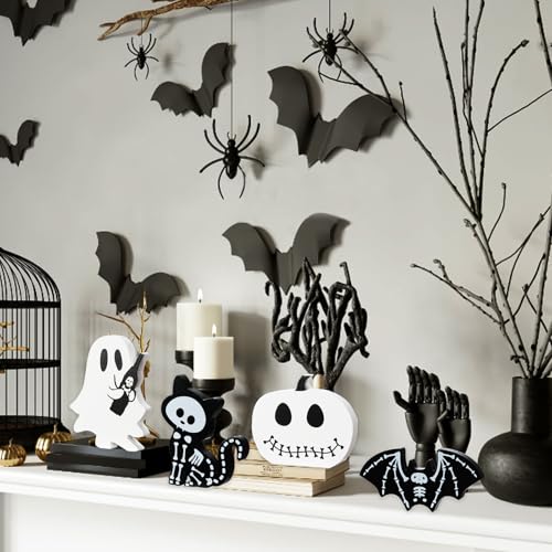 Halloween Wooden Tiered Tray Decorations Set - Ghost Bat Pumpkin Cat Blocks