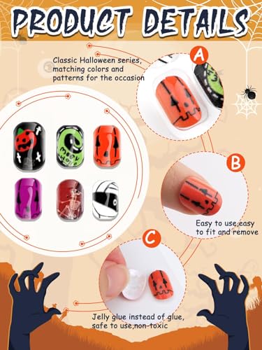 144 Pcs Halloween Kids Fake Nail Set with Ghost Skeleton Spider Pumpkin Designs