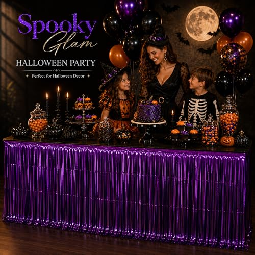 4 Pack Purple Foil Fringe Table Skirt - 29x108 Inch Metallic Tinsel Streamers