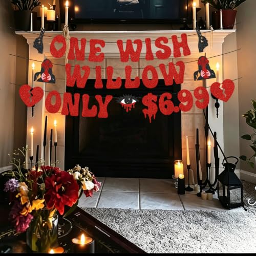 Pre-Strung Halloween Banner with Glitter One Wish Willow Theme - 8 Ft Wall Decor