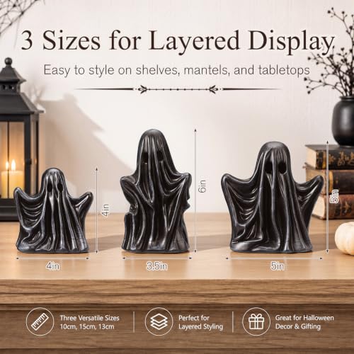 Halloween Ghost Figurine Set - 3 Black Resin Gothic Decor, 4-6 Inches