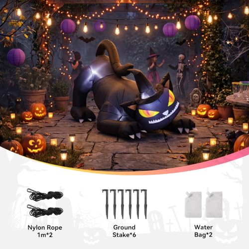 6FT Halloween Rotating Black Cat Inflatable Decoration with Witch's Hat - Outdoor Spooky Yard Decor