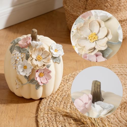 Creamy White Pumpkin Decor - 9-Inch Hand-Painted Resin Fall Halloween & Thanksgiving Decoration - Variation: Cream