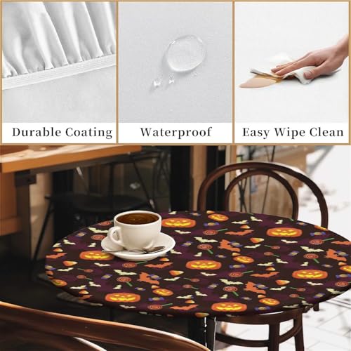 Round Waterproof Fitted Tablecloth with Elastic Edge - Halloween Treats 60 Inch