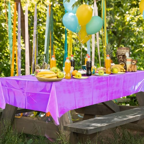 Purple Iridescent Tablecloths 2-Pack 40 x 108 Inches - Disposable Shiny Plastic Cover - Halloween Wedding Party Decor