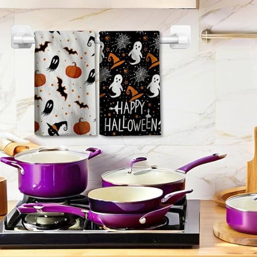 Halloween Kitchen Towels 2 Pack Ghost Pumpkin Hand Dish Drying Cloths - 18x26 Inches - Festive Decor & Absorbent Microfiber