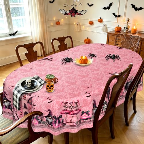 Elegant Pink Halloween Oval Tablecloth 60 x 102 Inch for Parties & Dining - Ghost Pumpkin Web Design