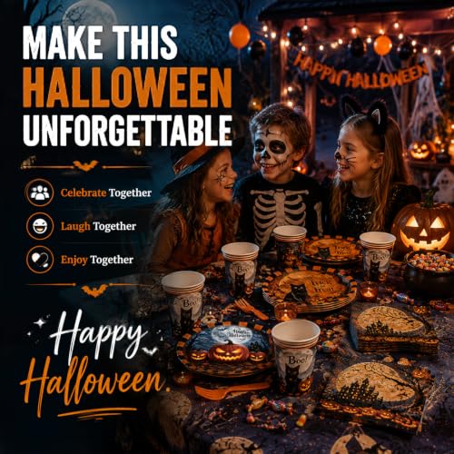 Halloween Party Supplies Set for 24 Guests - Plates, Napkins, Cups, Forks & Tablecloth - Halloween