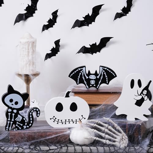 Halloween Wooden Tiered Tray Decorations Set - Ghost Bat Pumpkin Cat Blocks