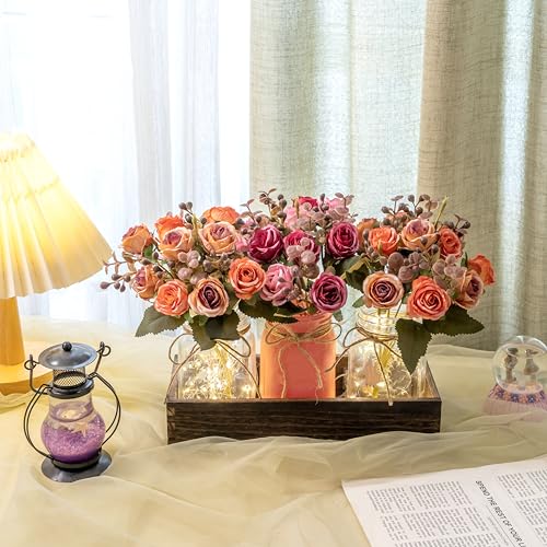 Farmhouse Mason Jar Centerpiece with Pink & Orange Artificial Fall Flowers - Rustic Table Decoration