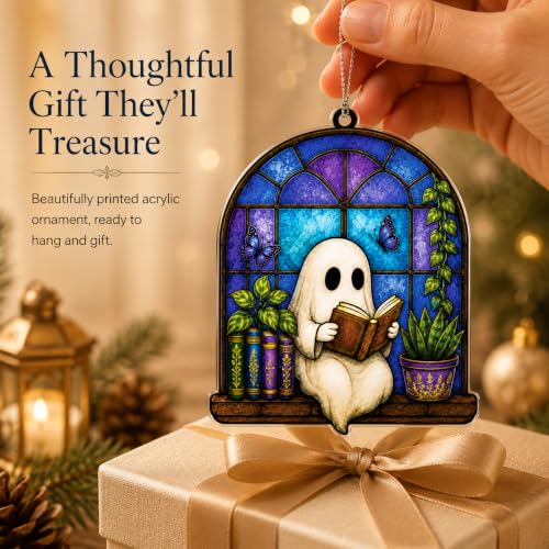 Bookish Ghost Ornament for Christmas Tree & Holiday Decor - Cozy Reading Scene