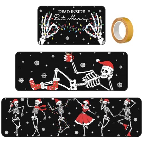 Christmas Skeleton Kitchen Rugs Set - Non Slip Halloween Decor Mats, 3 Sizes