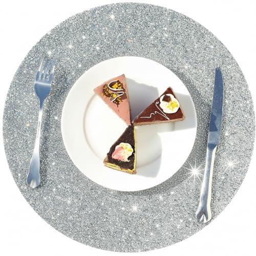 Silver 4-Piece 15 Inch Rhinestone Round Placemat Set - Glitter Sparkle Table Mats