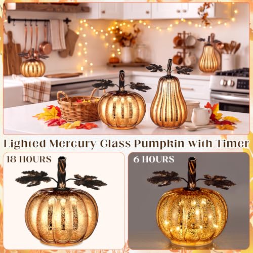 Glooglitter 4-Piece Gold Glass Pumpkin Lighted Fall Thanksgiving Decor - Layered Heights with Timer