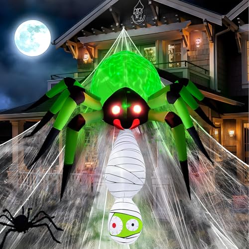 7FT Halloween Inflatable Spider with Hanging Mummy & Green LEDs - Outdoor Decor