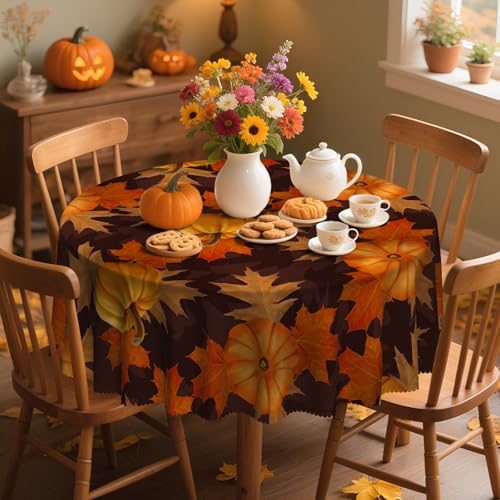 Pumpkin Fall Round Tablecloth 60 Inch - Autumn Thanksgiving Decor - Maple Leaf Black Variation