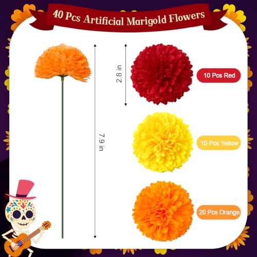 Artificial Marigold Flowers with Stems - Full & Fluffy 40 Pcs for Decor