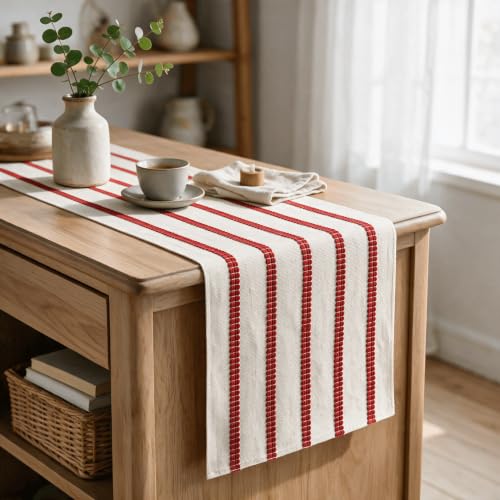 Red Farmhouse Woven Stripe Christmas Table Runner 12x120 Inch - Holiday Decor
