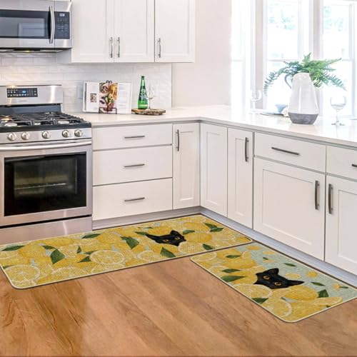 Black Cat Kitchen Mats Set of 2 - Non-Slip Low-Profile Floor Rugs for Home & Kitchen