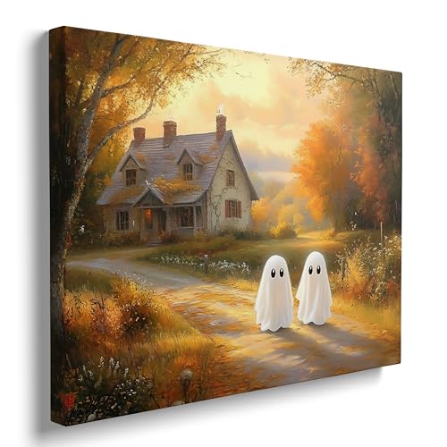 Halloween Ghost Wall Art Canvas 12x16 Inches Spooky Rustic Decor with Gold Accents