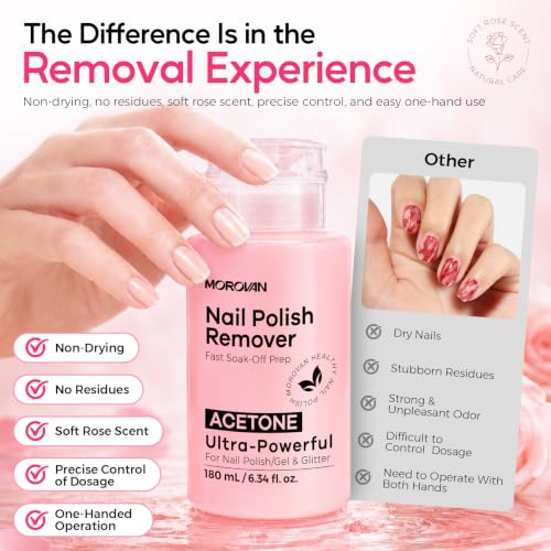 Morovan Rose Scent Acetone Nail Polish Remover - Gel & Regular Polish, 6.34 Fl Oz