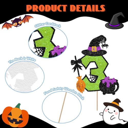 Halloween Witch Cake Topper - 3rd Birthday Glitter Decoration with Cauldron - Green, Variation 3
