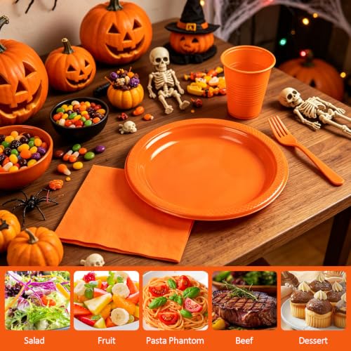 Disposable Orange Plastic Party Plates Set - 50 Count for Thanksgiving Halloween