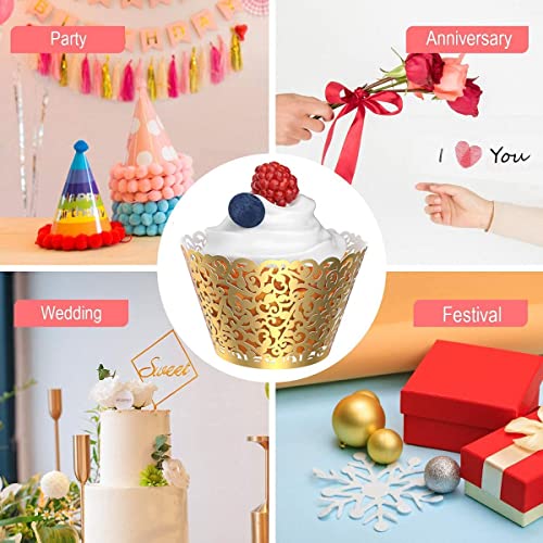 50 Pcs Pearl Lace Laser Cut Wedding Cupcake Wrappers Bright Gold - Elegant Baking Decor