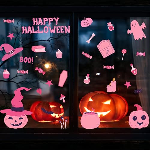 Pink Halloween Window Stickers - 9 Sheets Cute Pumpkin Ghost Bat Web Decorations