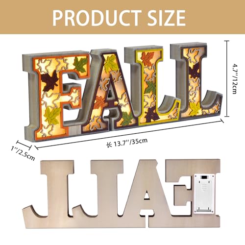 Lighted Fall Table Decor Sign - Rustic Wooden Thanksgiving Centerpiece with 3D LED Maple Leaves - Orange-Grey