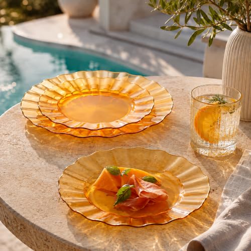 Clear Orange Plastic Plates Set with Gold Rim - 60 Pcs Disposable Dinner & Dessert Plates, Elegant Wave Design, Reusable for Parties & Weddings