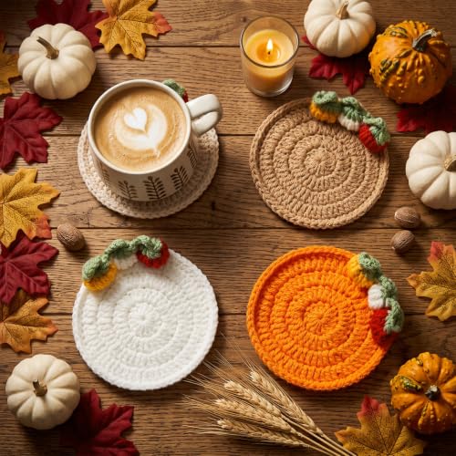 Fall Crochet Coasters Set - 3D Pumpkin Design, Orange, Brown, Beige, Terracotta - 4 Pieces