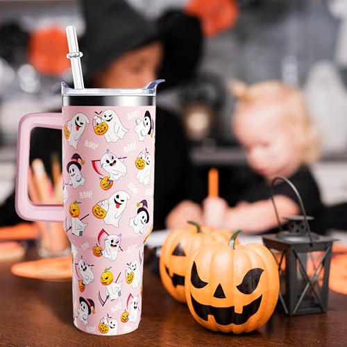 Pink 40 oz Halloween Ghost Tumbler with Handle, Leak-Proof Lid & Straw