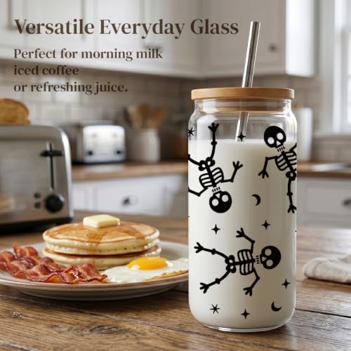 Halloween Skeleton Glass Cup with Lid & Straw - 16 Oz Fall Gift - Variation of clean-10