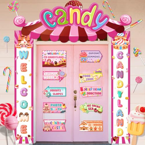 Pink Candyland Welcome Door Banner & Party Decorations - Kids Birthday & Holiday, Candy Theme, Halloween Christmas