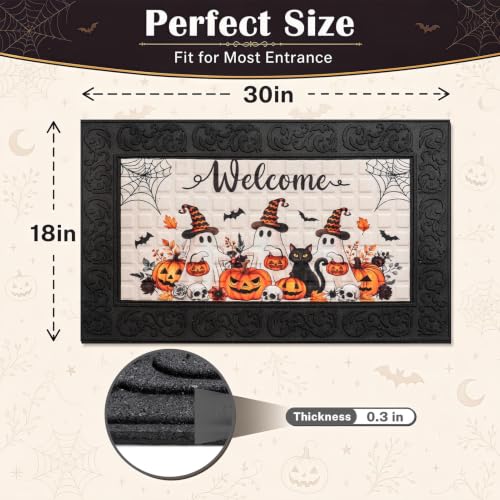 Halloween Welcome Door Mat - Cute Ghost Cat Pumpkin 18x30 Inches - Rubber Doormat