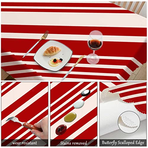 Rectangular Christmas Tablecloth 52x70 Inches Red and Cream Stripes Anti-Oil Fabric