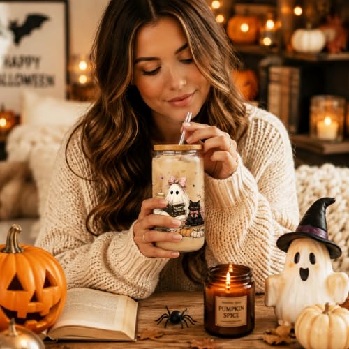 Halloween Glass Cup with Lid & Straw - Boo Basket Gift for Book Lovers - 16oz