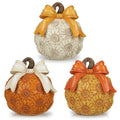 Fall Sunflower Pumpkin Decor Set - 3 Pack Artificial Autumn Pumpkins with Bows - White, Orange, Yellow