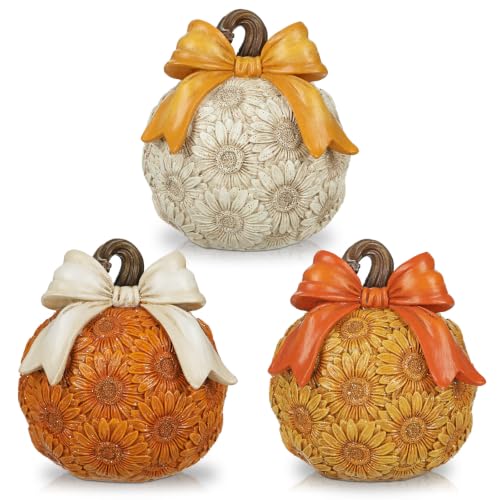 Fall Sunflower Pumpkin Decor Set - 3 Pack Artificial Autumn Pumpkins with Bows - White, Orange, Yellow