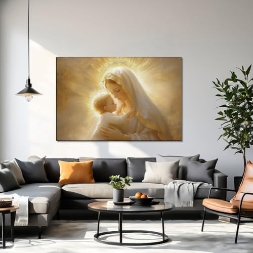 Virgin Mary Canvas Wall Art - Mother Mary Holding Baby Jesus in Gold - 18x12 Inches
