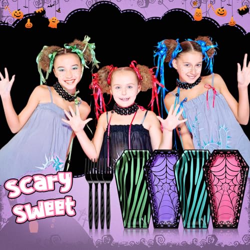 Halloween Coffin Plates with Black Forks Set for Party, 24 Pieces