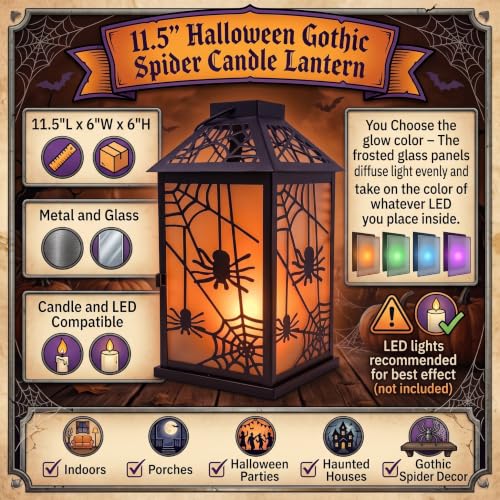 Halloween Candle Lantern with Spider Web Design - Indoor & Porch Decor, Spooky Spider Variation